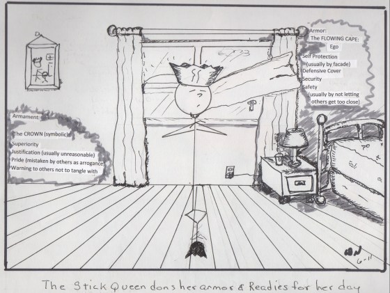 The crown which adorns the Stick Queen was inspired by Melissa's mother who referred to her as the Queen but only after one of her Ex-boy friends referred to her (even to this day) as Princess. The flowing cloak is reference to a former therapist who one day asked Melissa where her cape was during a session making reference to Melissa's tough demeanor as a super hero.